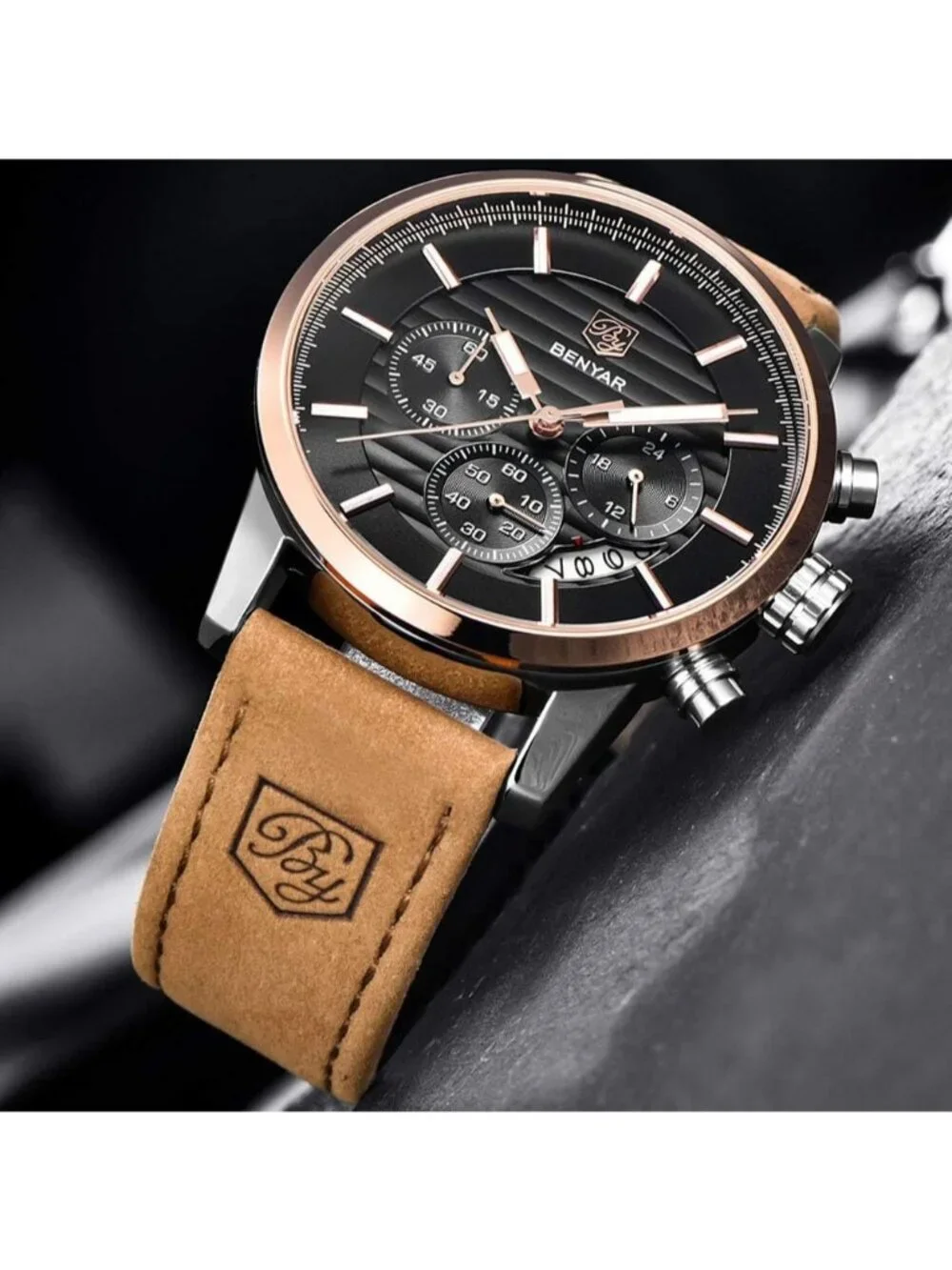 Men's Brown Gold Analog Quartz Leather Strap Chronograph Waterproof Wrist Watch